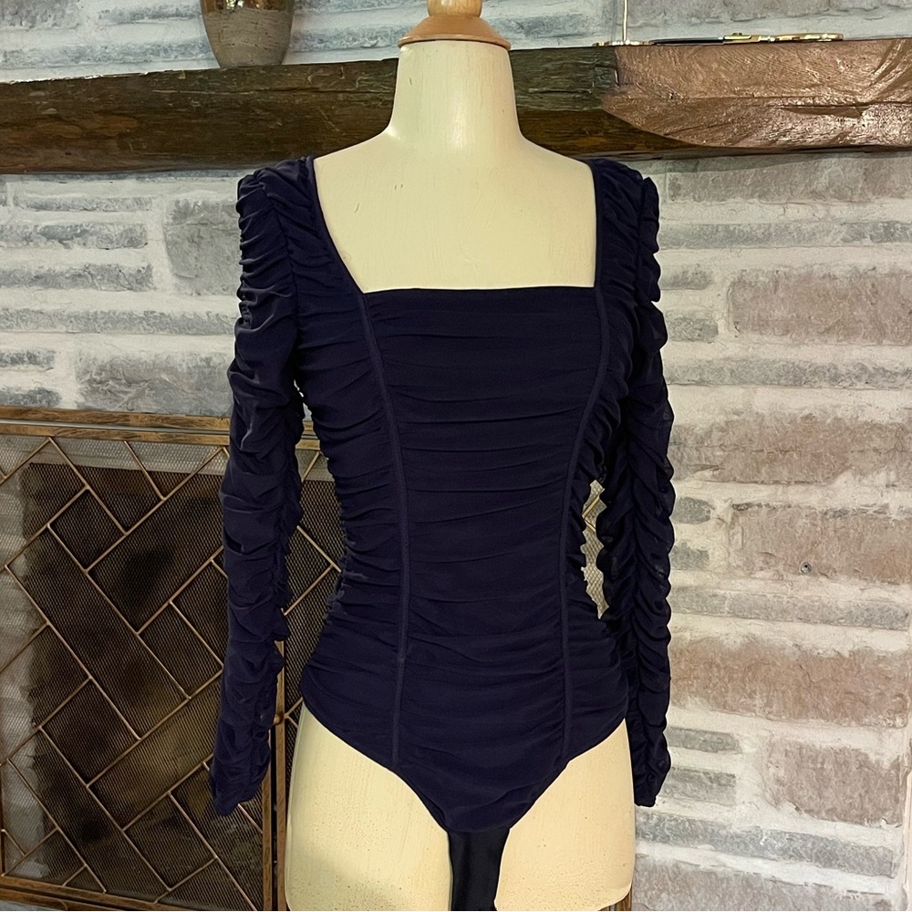 Navy blue mesh layer ruched stretch bodysuit top from Zara, fully lined